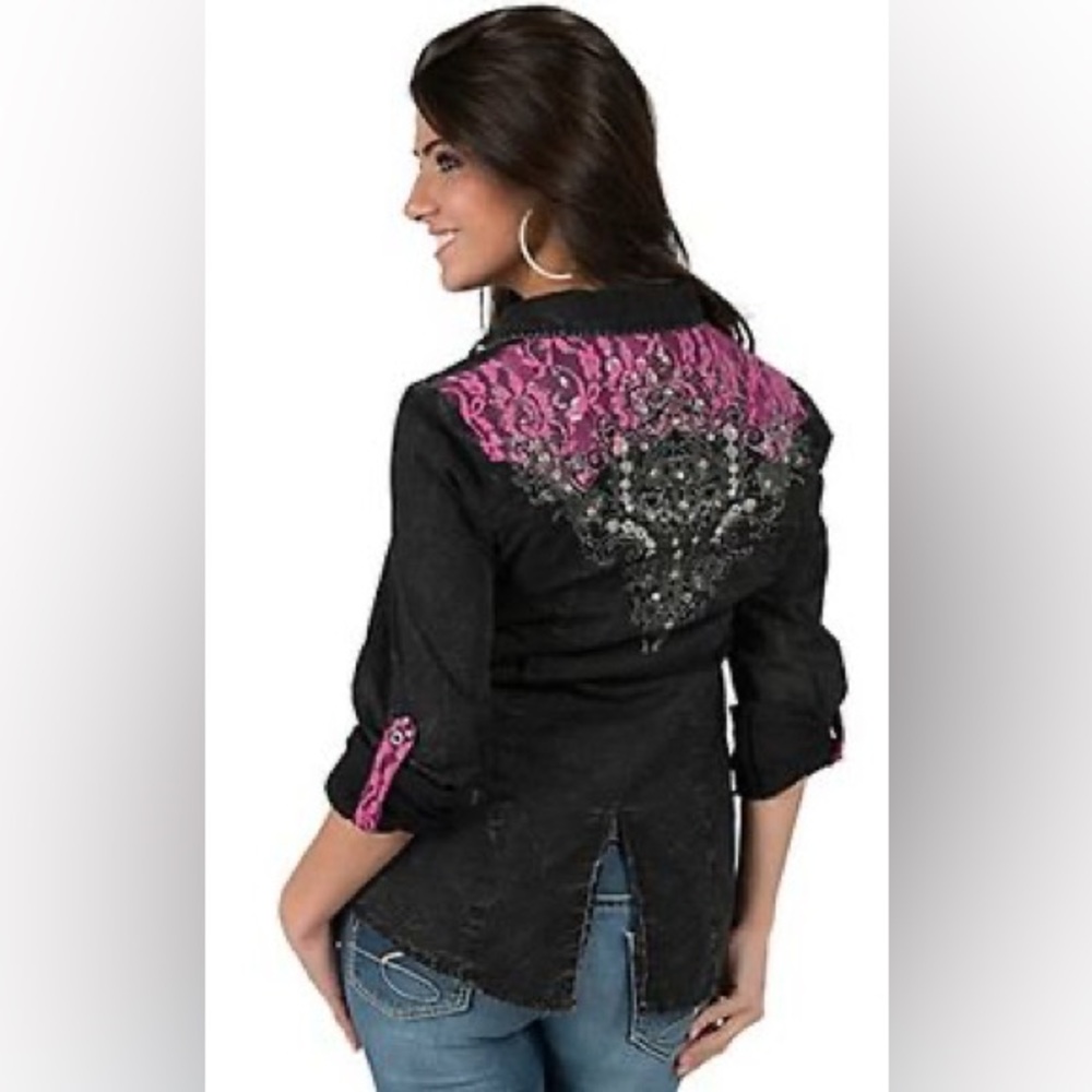 ▪️Roar Black Western Shirt Pink Lace Cuffs & Embroidered Details Long Sleeve XL